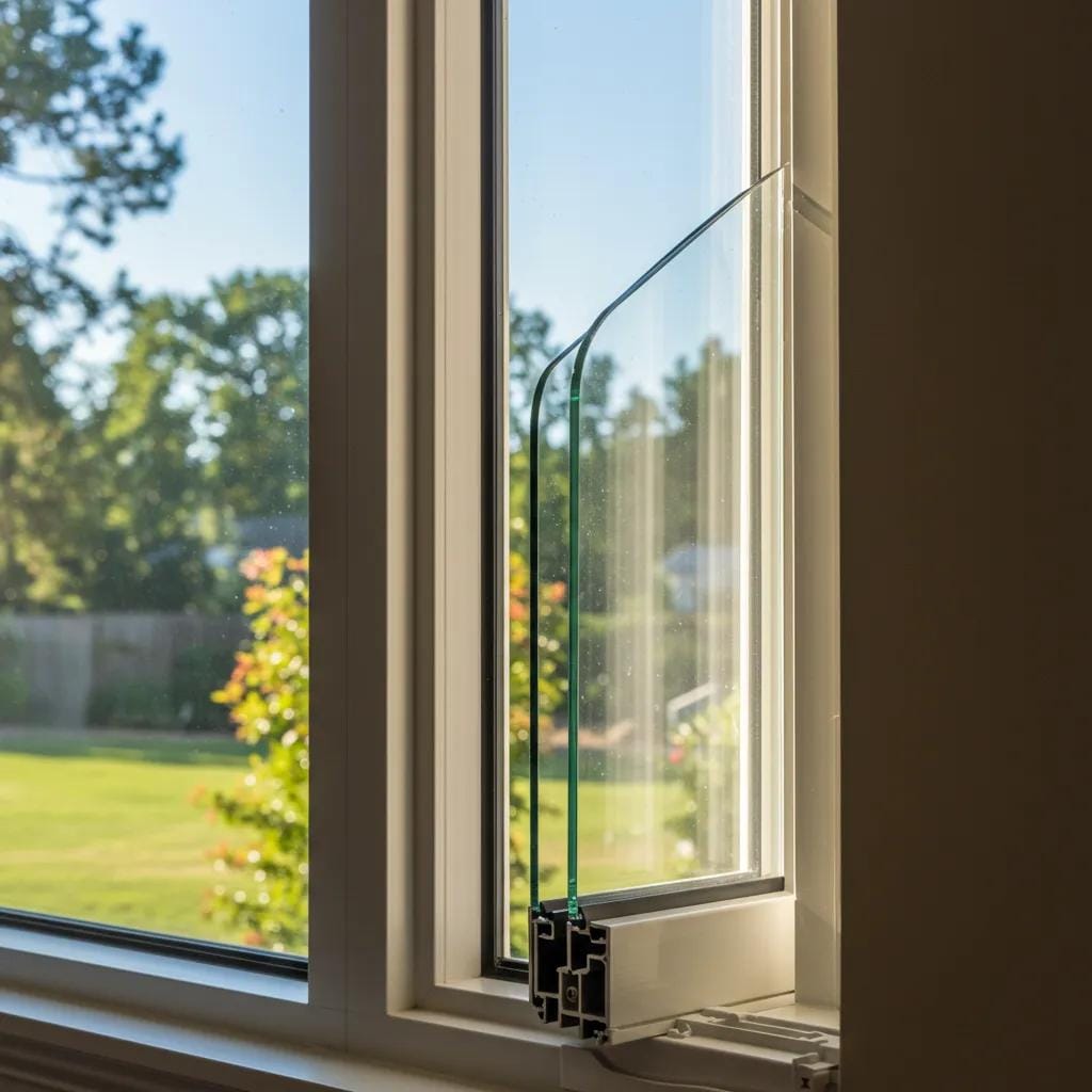 Close-up of energy-efficient impact-resistant windows with low-E coatings in a bright room