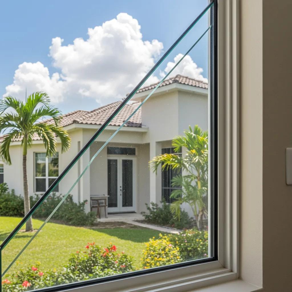 Close-up of laminated glass and reinforced frames showcasing impact window benefits