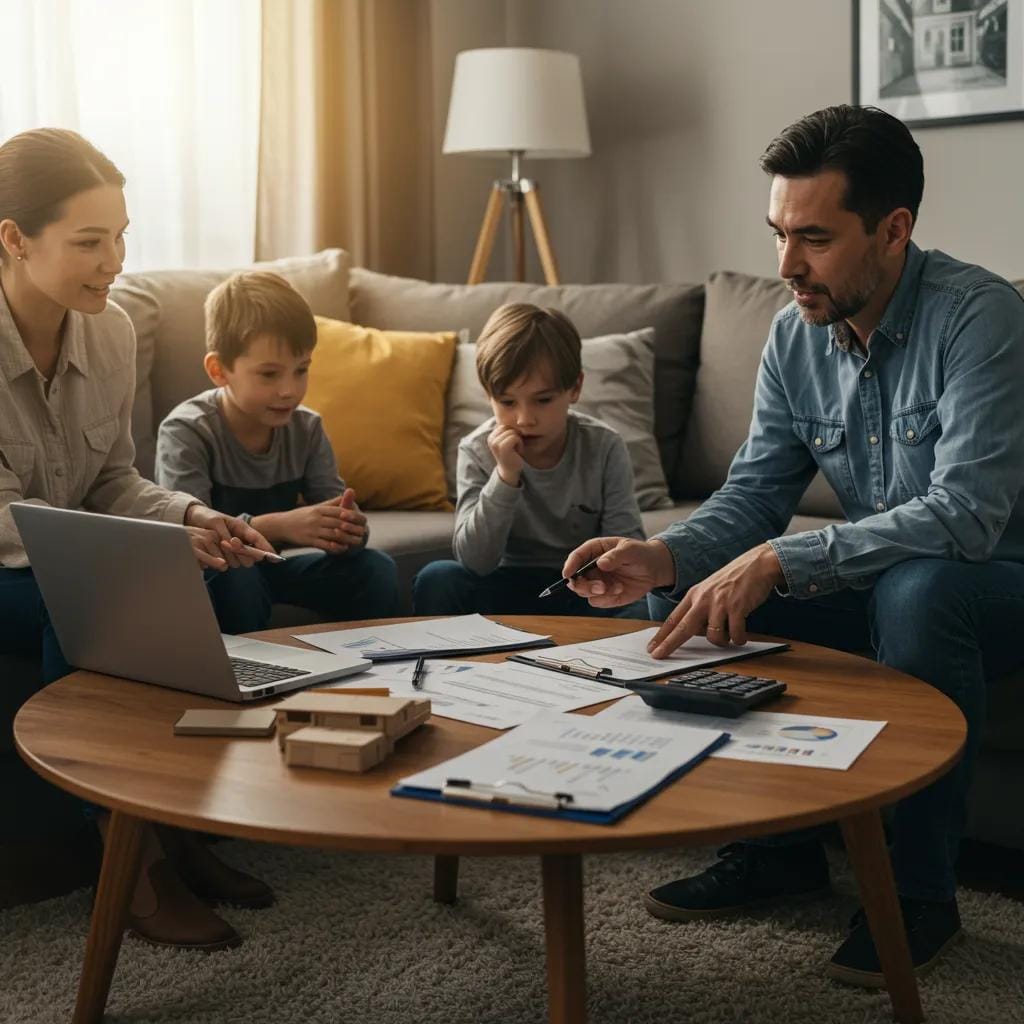 A happy family discussing flexible financing options for their new hurricane windows in a bright, comfortable living room