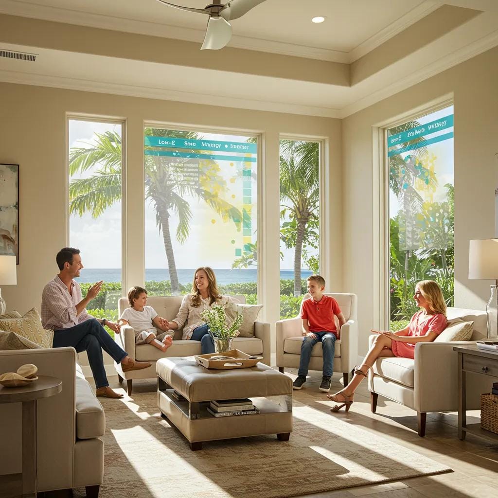 A happy family enjoying a bright, comfortable living room, thanks to their energy-efficient impact windows.