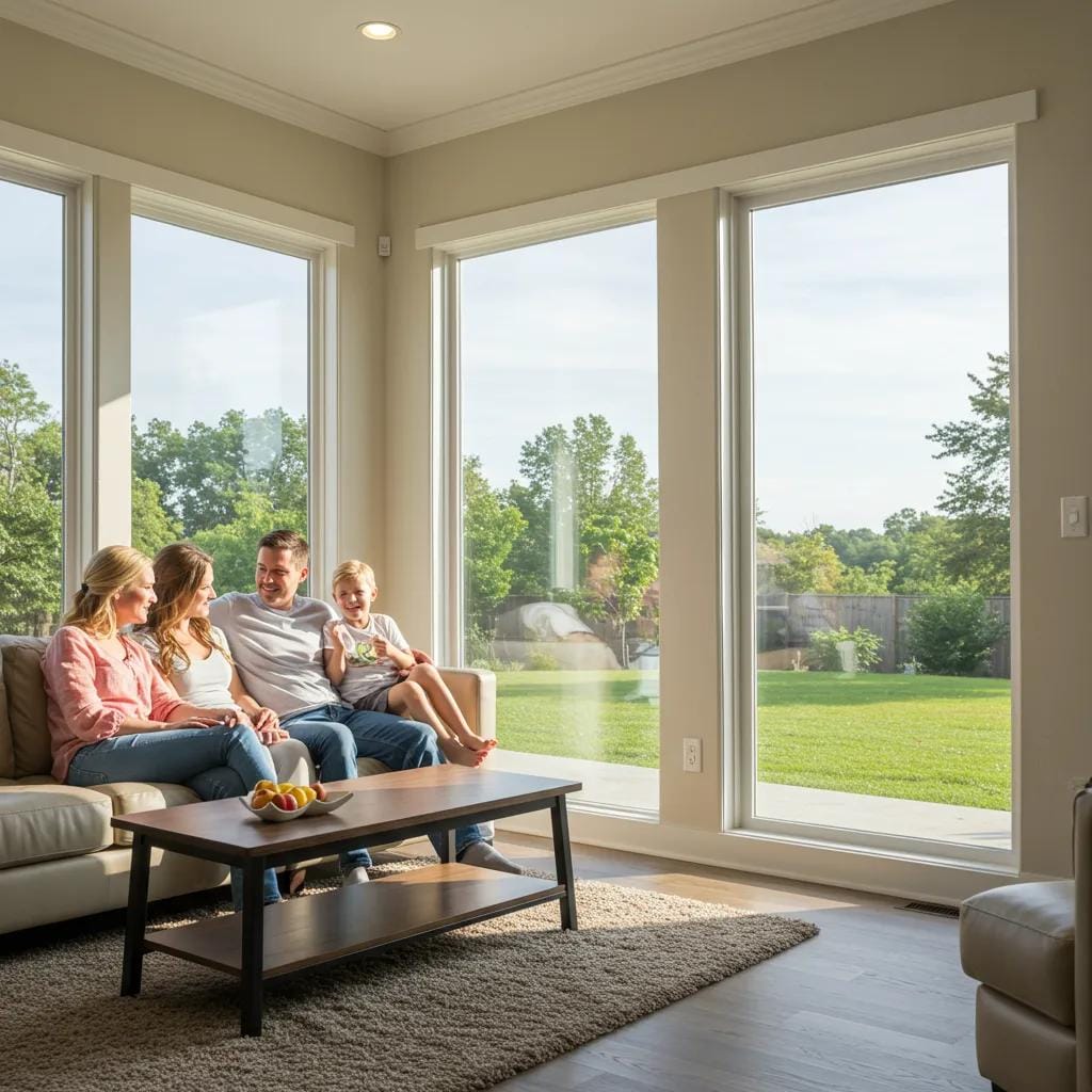 Family enjoying a comfortable home with hurricane windows, illustrating energy savings and comfort