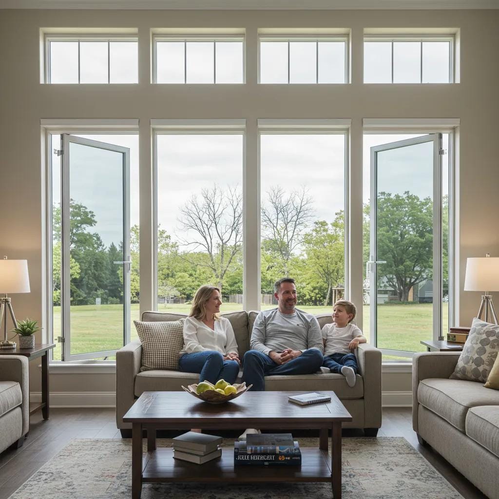 Family enjoying comfort and safety in a living room with hurricane impact windows