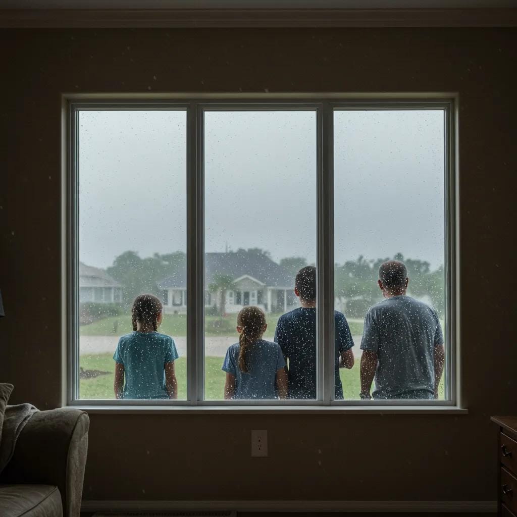 Family inside a home during a storm, showcasing the strength of impact-resistant windows