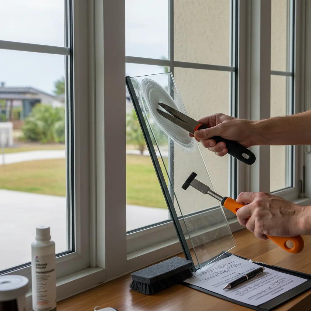 A homeowner meticulously inspecting and maintaining hurricane impact windows to ensure long-term protection