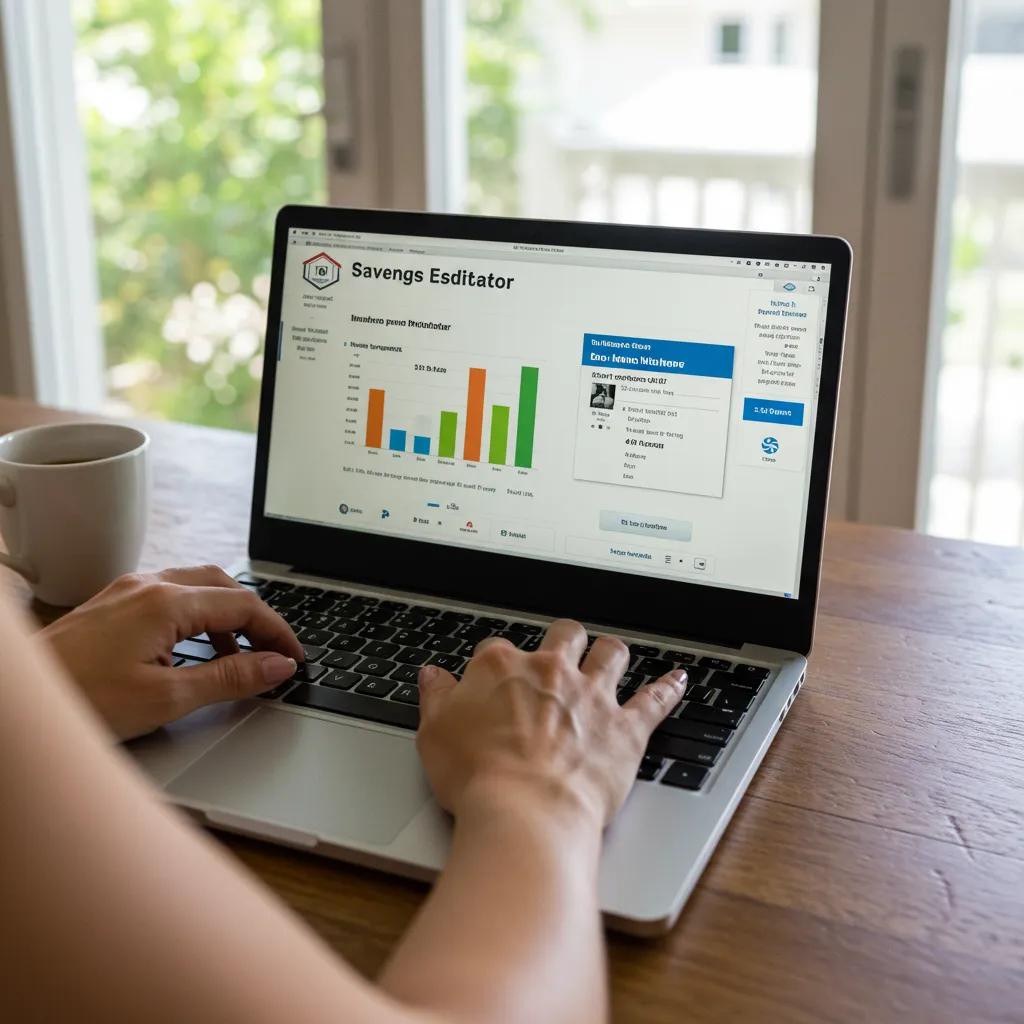 Homeowner actively using a digital savings estimator tool to calculate potential insurance savings from installing impact windows