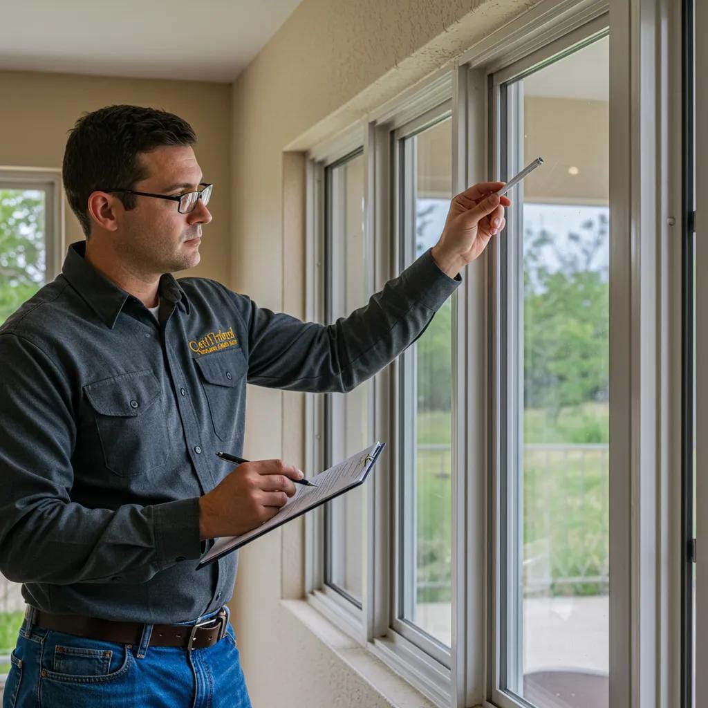 A certified inspector meticulously evaluating hurricane impact windows to qualify for valuable wind mitigation discounts.