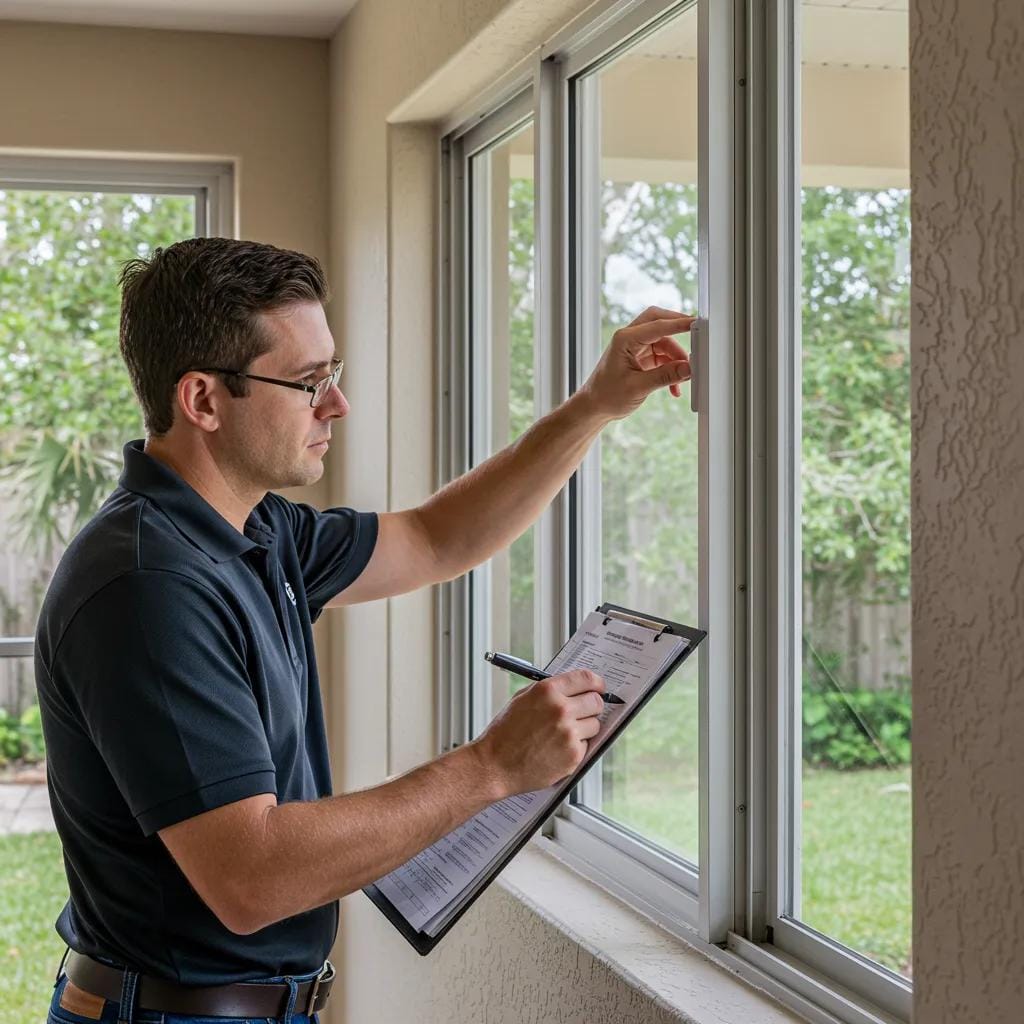 Professional inspector meticulously examining impact windows during a wind mitigation inspection to determine insurance credit eligibility