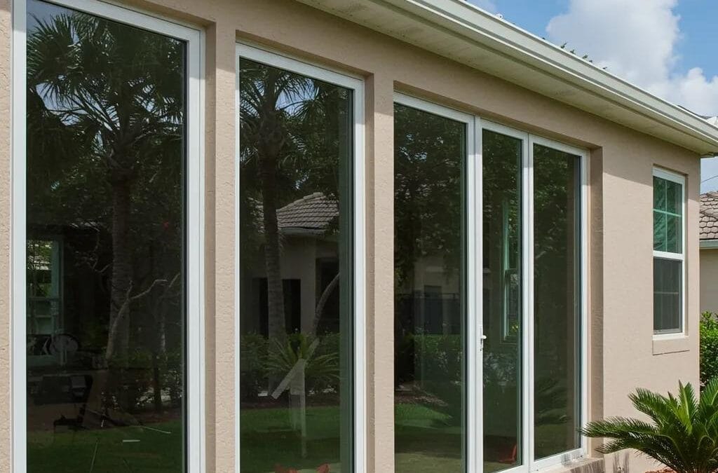 Modern Florida home featuring hurricane windows with tropical landscaping