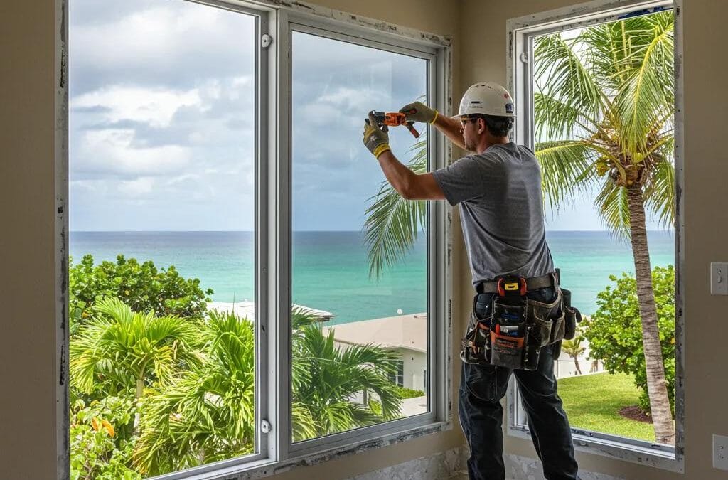 Professional hurricane window installer working on impact windows in South Florida