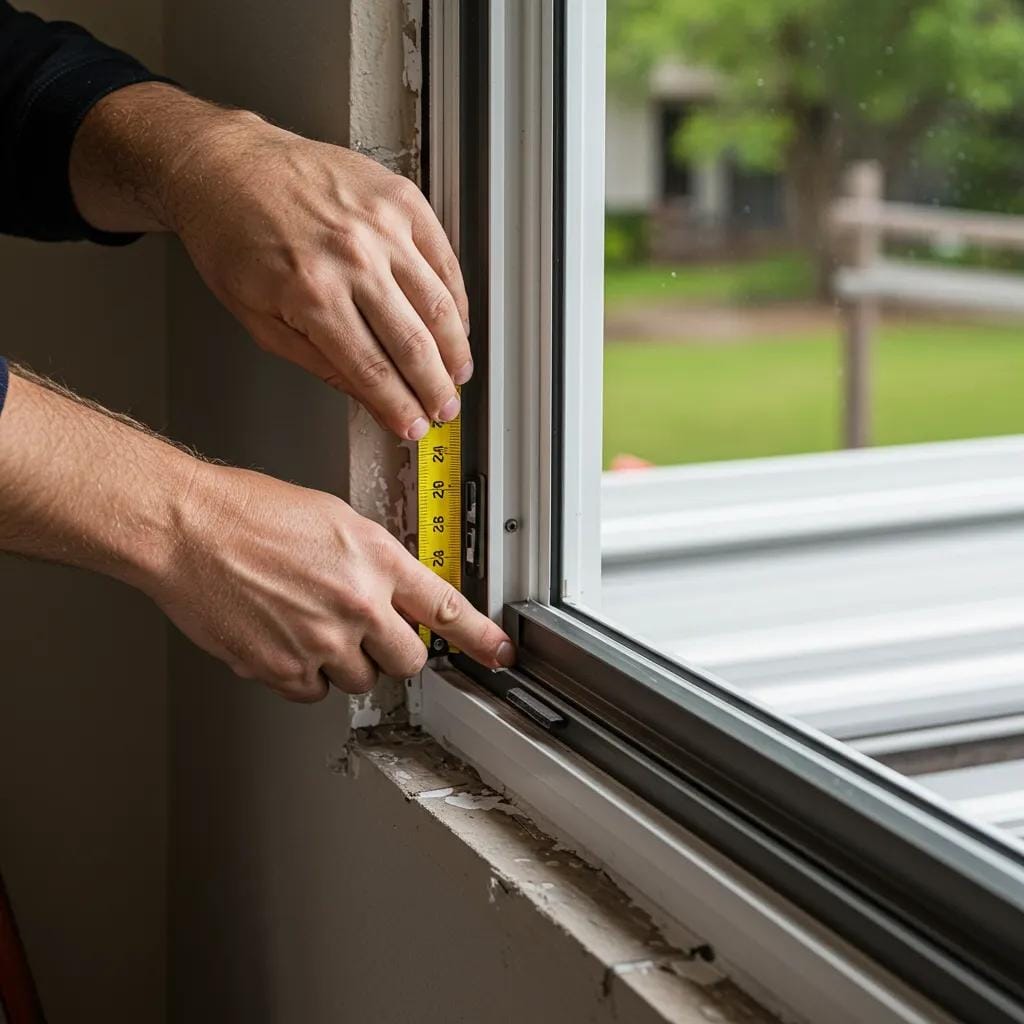 Professional installer measuring and fitting hurricane impact windows during installation process