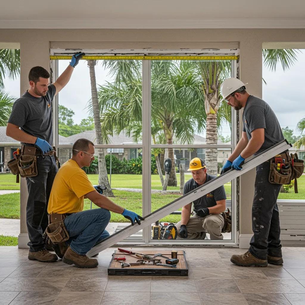 Expert installers meticulously measuring and fitting hurricane impact windows in a South Florida home