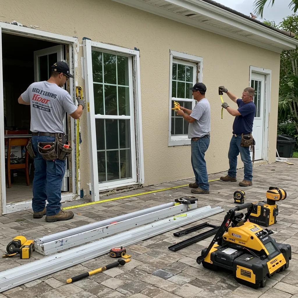 Team of installers preparing for hurricane window installation in a residential setting